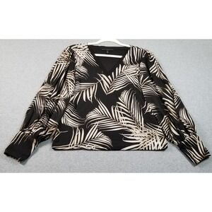 White House Black Market Blouse Women's M Medium Black White Palm V-Neck Top